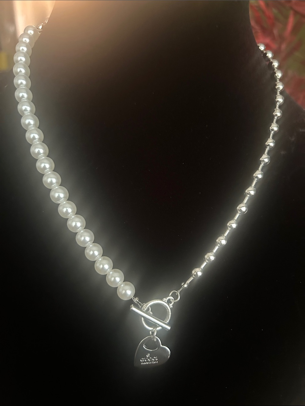 GG Pearl and Silver Bead Necklace with Heart Toggle Charm